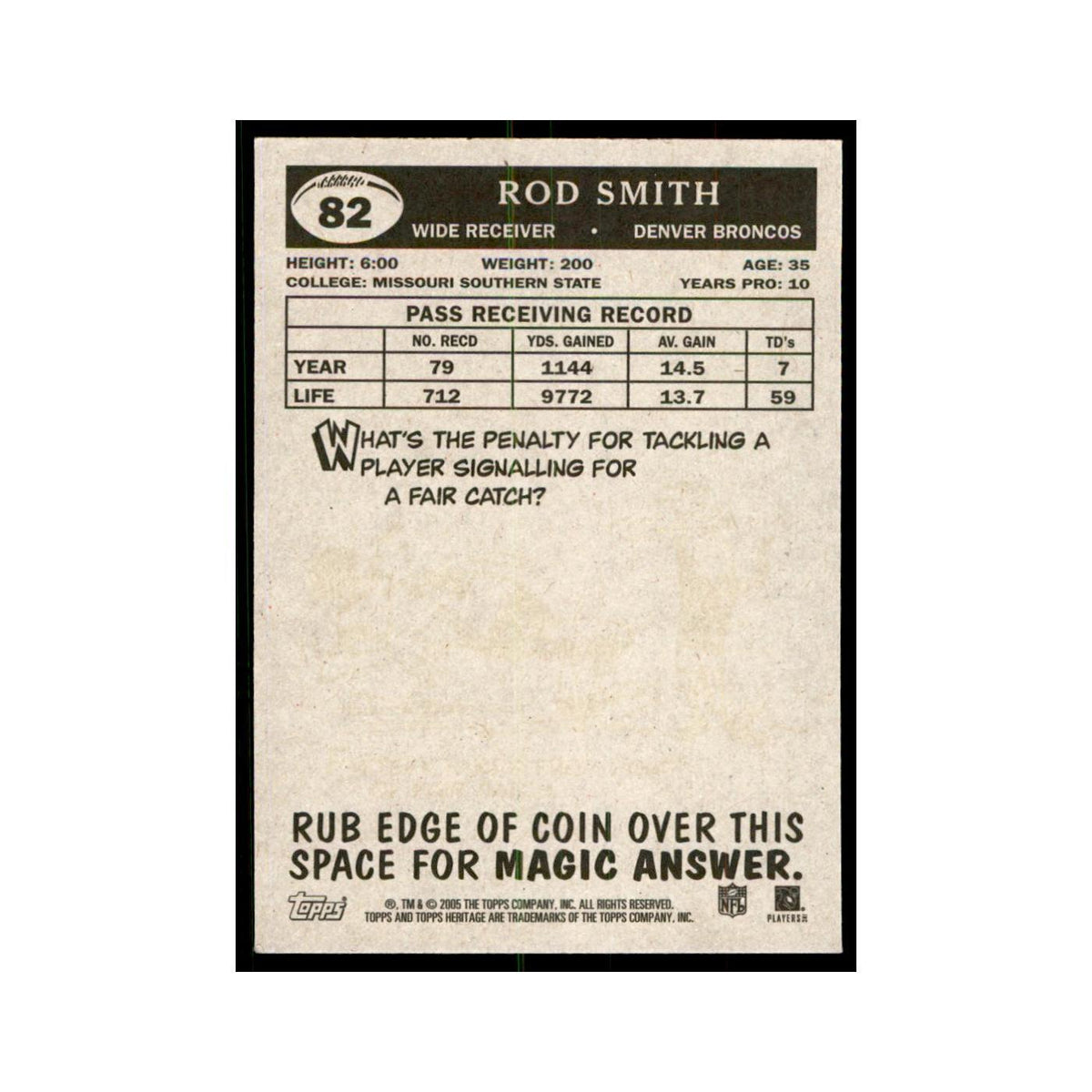 Rod Smith 2005 Topps Heritage #82 Denver Broncos Football Card NM
