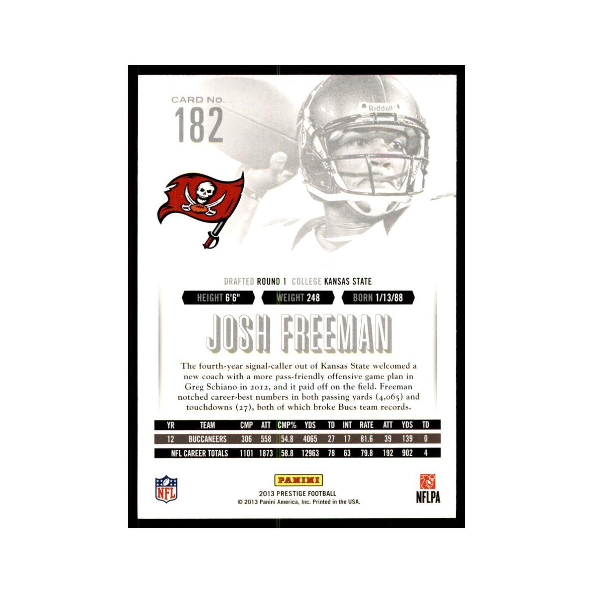 Josh Freeman 2013 Panini Prestige #182 Tampa Bay Buccaneers Football Card NM