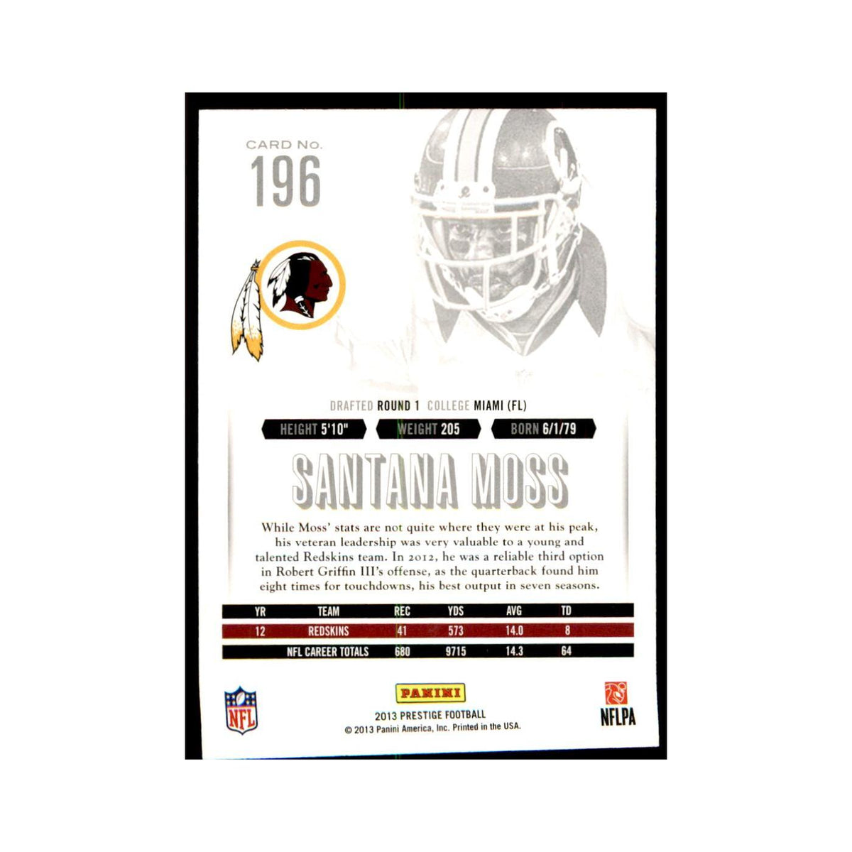 Santana Moss 2013 Panini Prestige #196 Washington Redskins Football Card NM