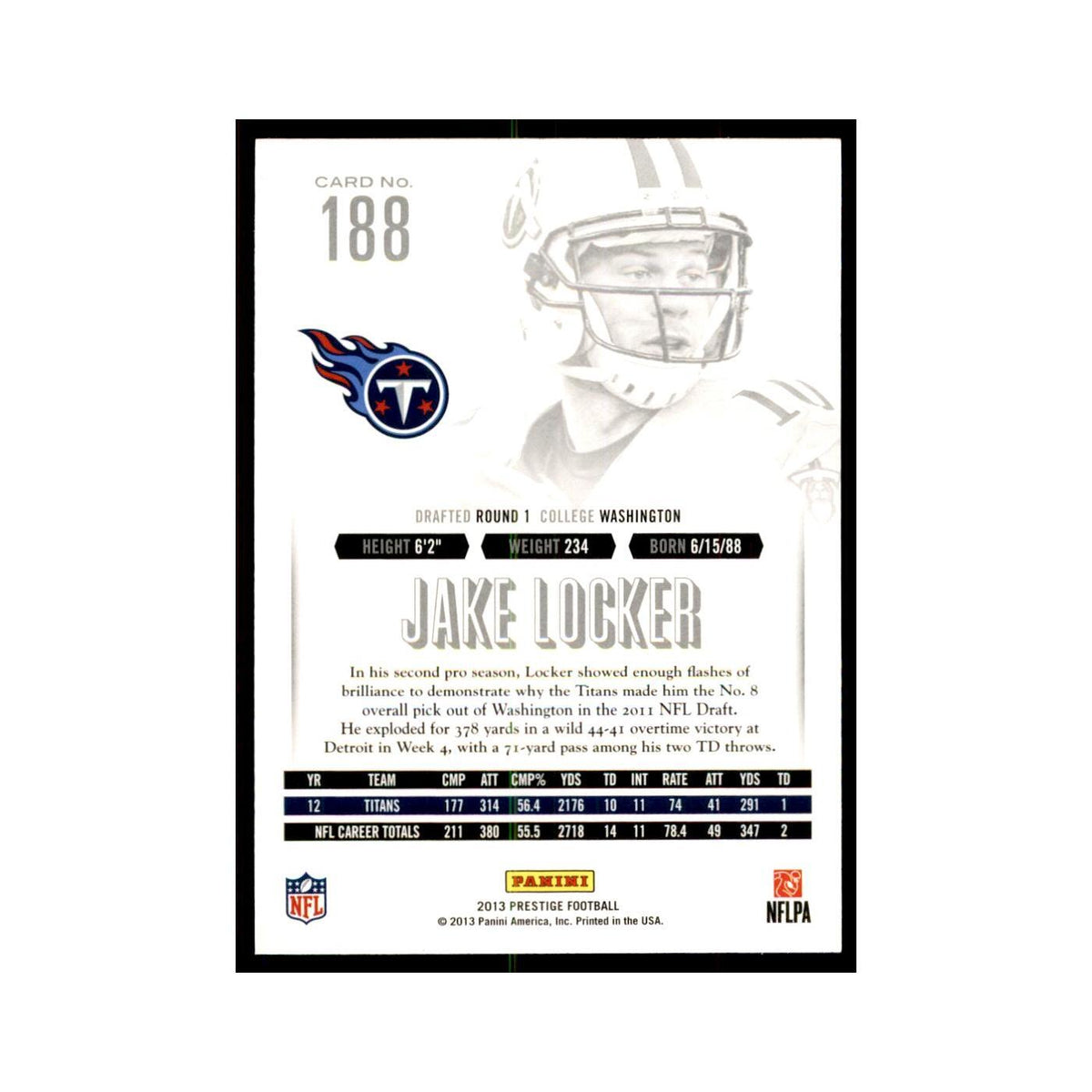 Jake Locker 2013 Panini Prestige #188 Tennessee Titans Football Card NM