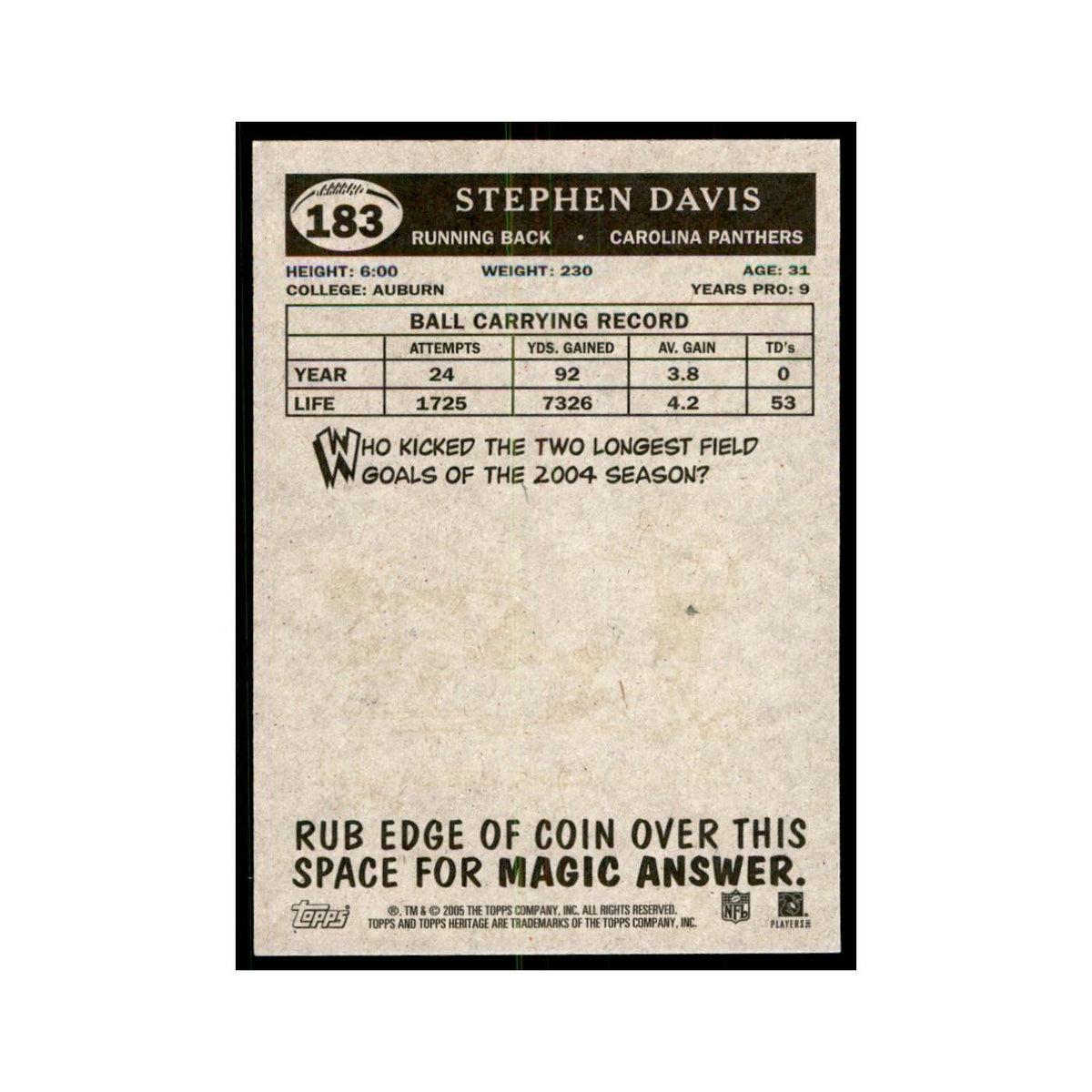 Stephen Davis 2005 Topps Heritage #183 Carolina Panthers Football Card NM