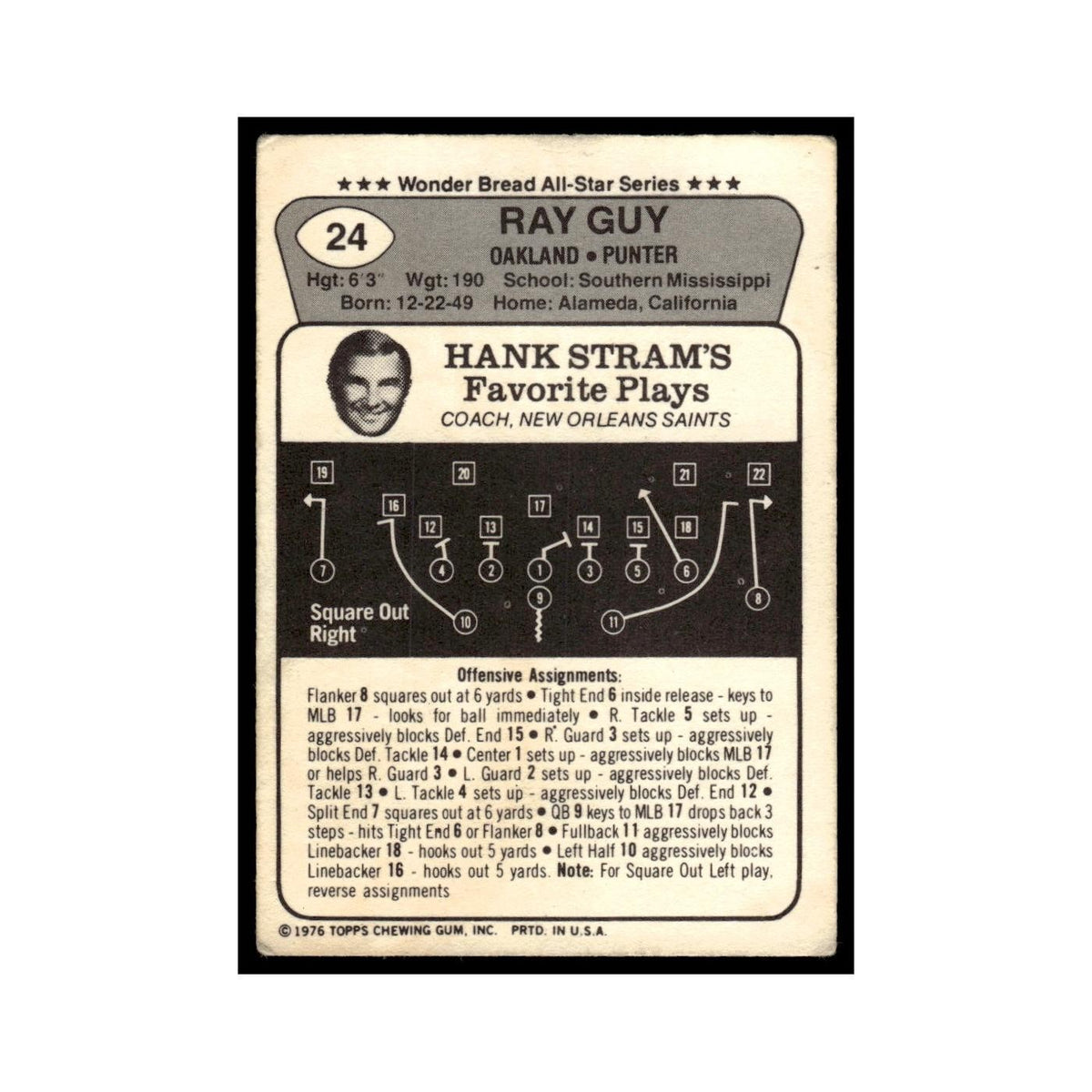 Ray Guy 1976 Wonderbread (damaged) #24.0 Oakland Raiders Football Card Poor