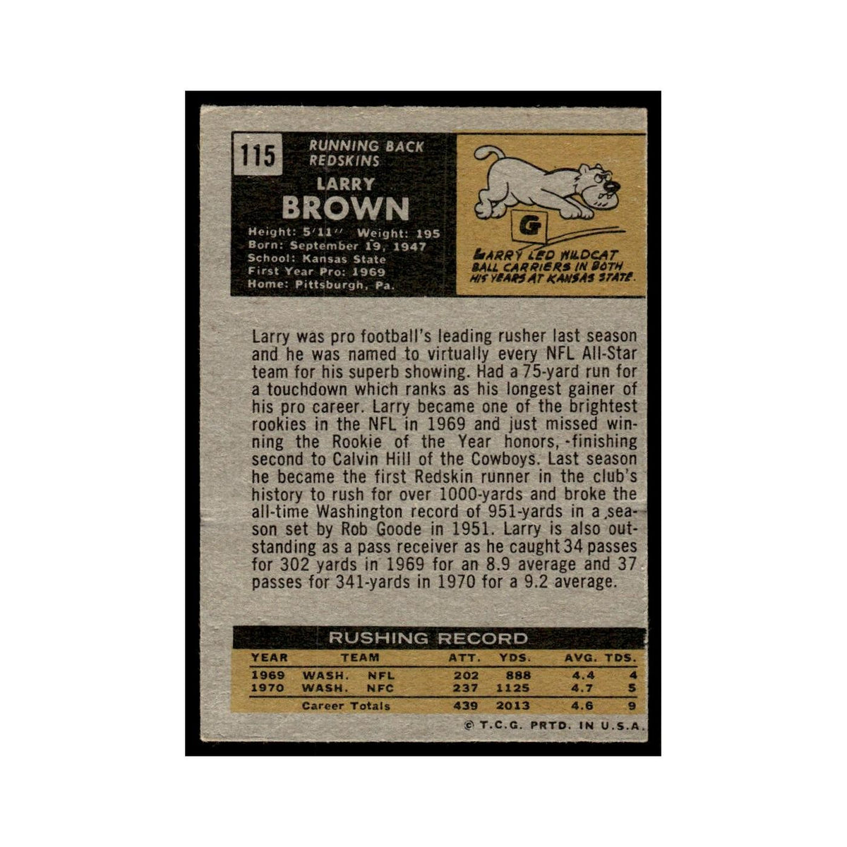 Larry Brown 1971 Topps (damaged) #115.0 Washington Redskins Football Card Poor