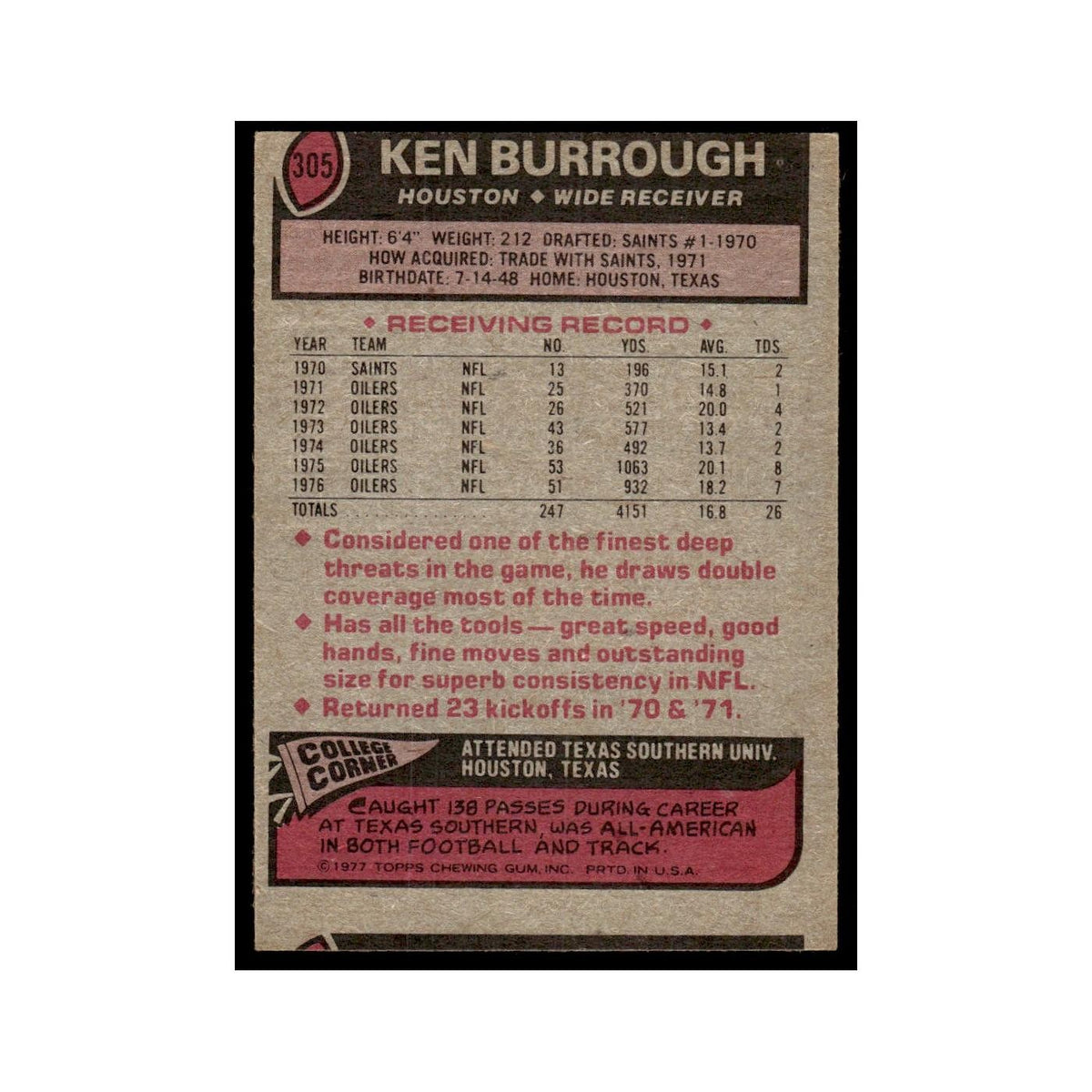 Ken Burrough 1977 Topps #305.0 Houston Oilers Football Card EX