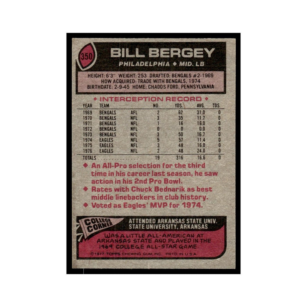 Bill Bergey 1977 Topps #350.0 Philadelphia Eagles Football Card EX