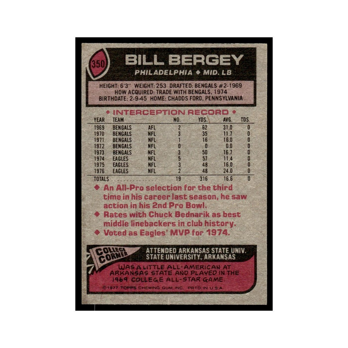Bill Bergey 1977 Topps #350.0 Philadelphia Eagles Football Card EX