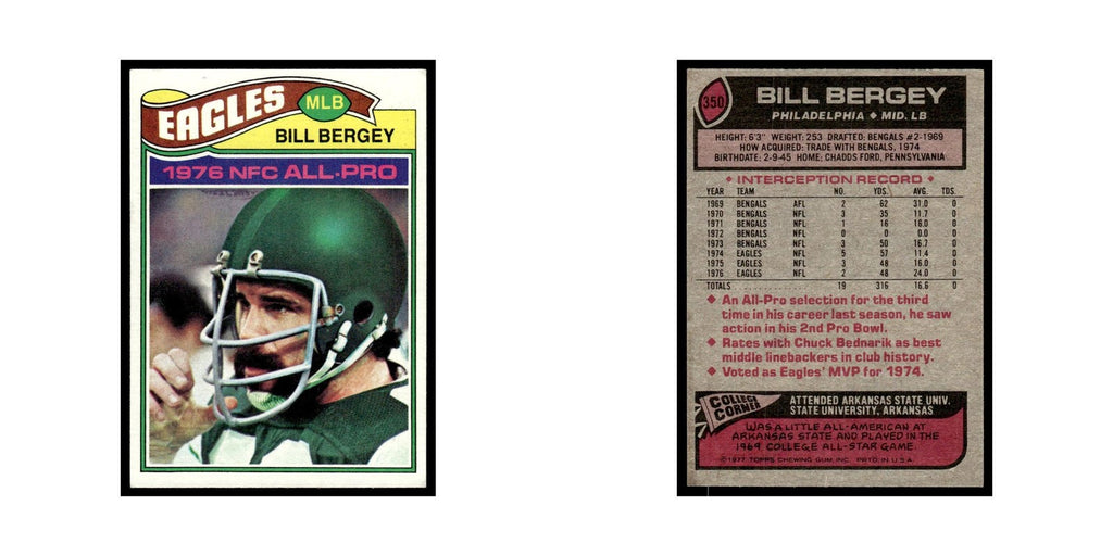 Bill Bergey 1977 Topps #350.0 Philadelphia Eagles Football Card EX