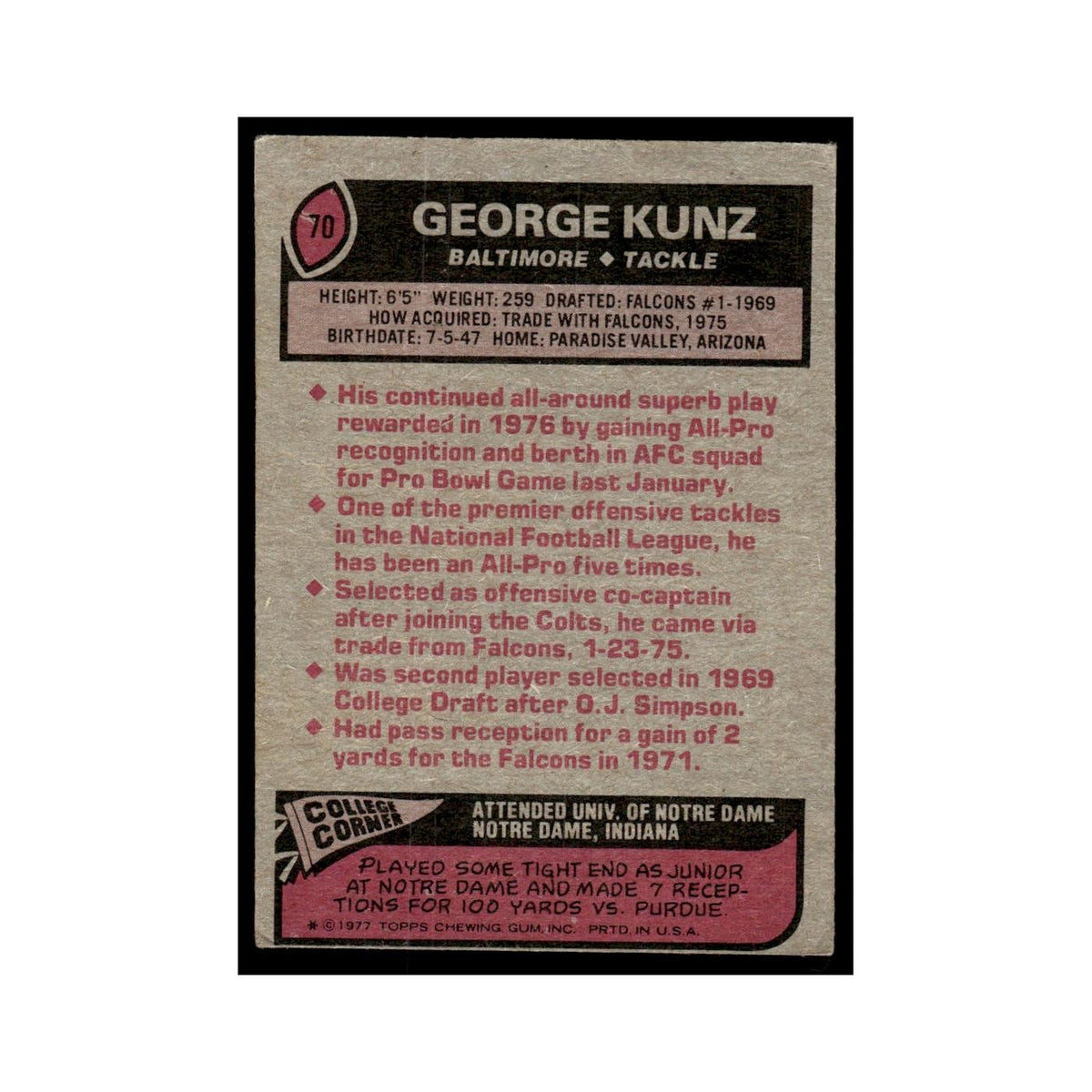 George Kunz 1977 Topps #70.0 Baltimore Colts Football Card EX