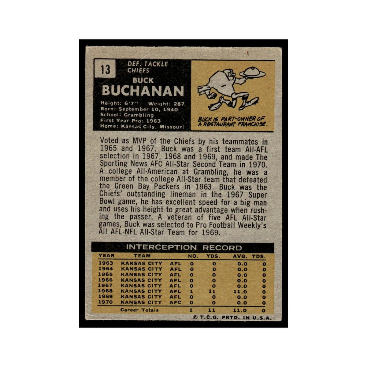 Buck Buchanan 1971 Topps (damaged) #13.0 Kansas City Chiefs Football Card Poor