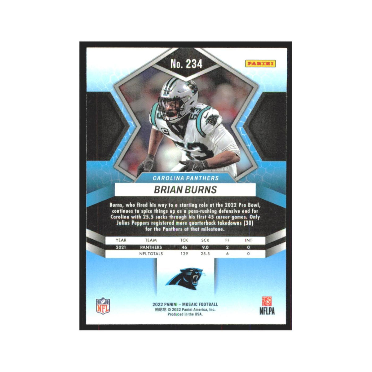 Brian Burns 2022 Panini Mosaic #234 Carolina Panthers Football Card NM