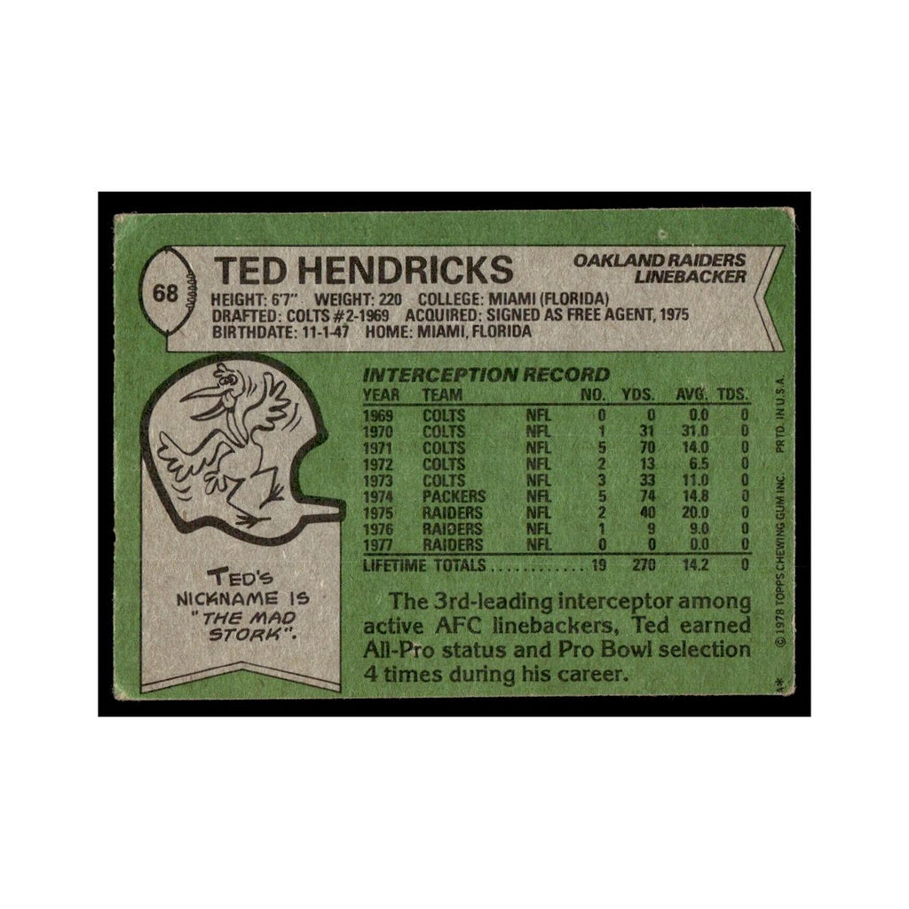 Ted Hendricks 1978 Topps #68.0 Oakland Raiders Football Card EX