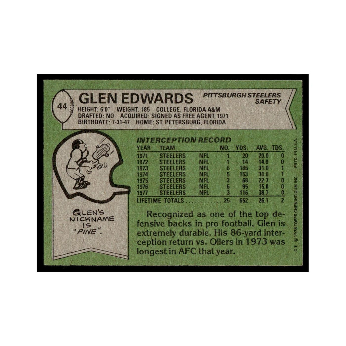 Glen Edwards 1978 Topps #44.0 Pittsburgh Steelers Football Card EX