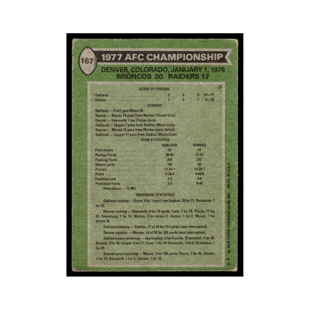 AFC Championship 1978 Topps #167.0 Bronco/Raiders Football Card EX
