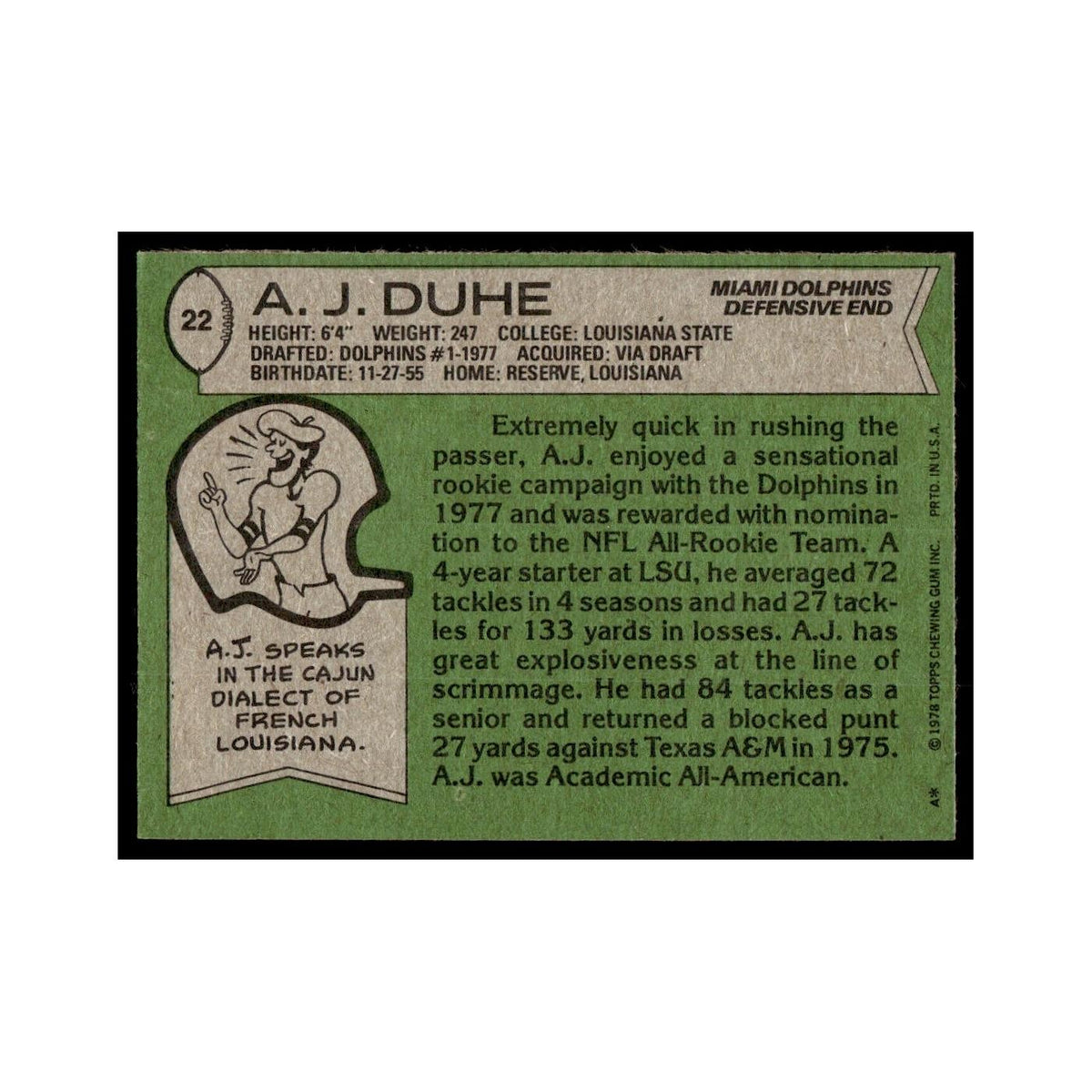 A.J. Duhe Rookie 1978 Topps #22.0 Miami Dolphins Football Card EX