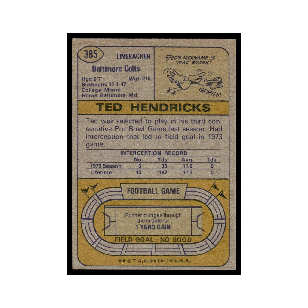 Ted Hendricks 1974 Topps (damaged) #385.0 Baltimore Colts Football Card Poor