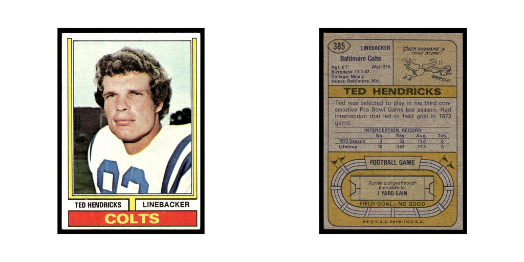 Ted Hendricks 1974 Topps (damaged) #385.0 Baltimore Colts Football Card Poor