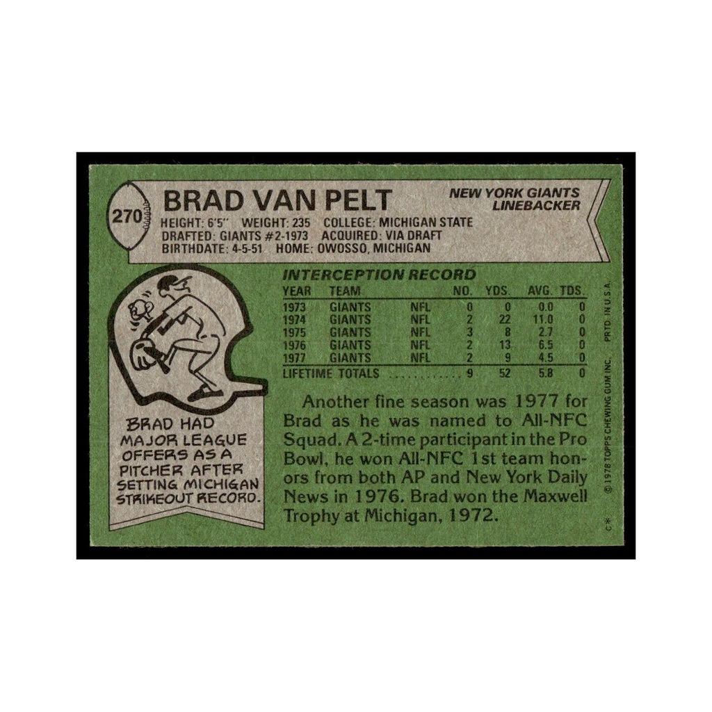 Brad Van Pelt 1978 Topps #270.0 New York Giants Football Card EX