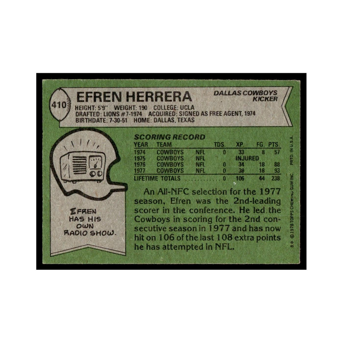 Efren Herrera 1978 Topps #410.0 Dallas Cowboys Football Card EX