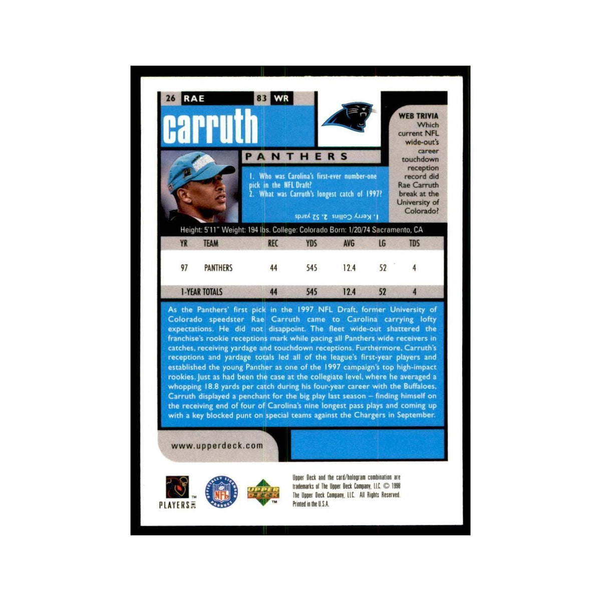 Rae Carruth 1998 UD Choice #26 Football Cards Football Card NM