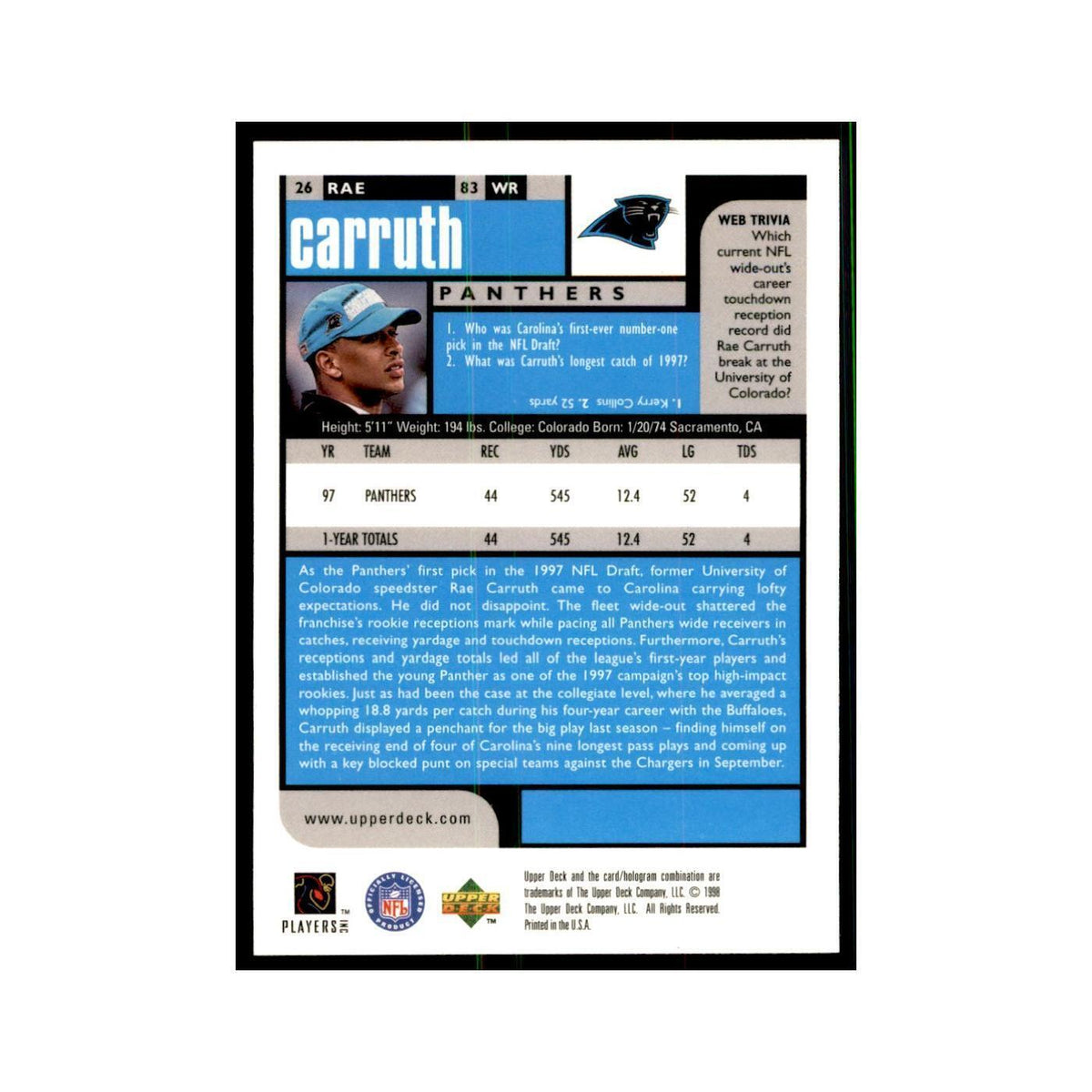 Rae Carruth 1998 UD Choice #26 Football Cards Football Card NM