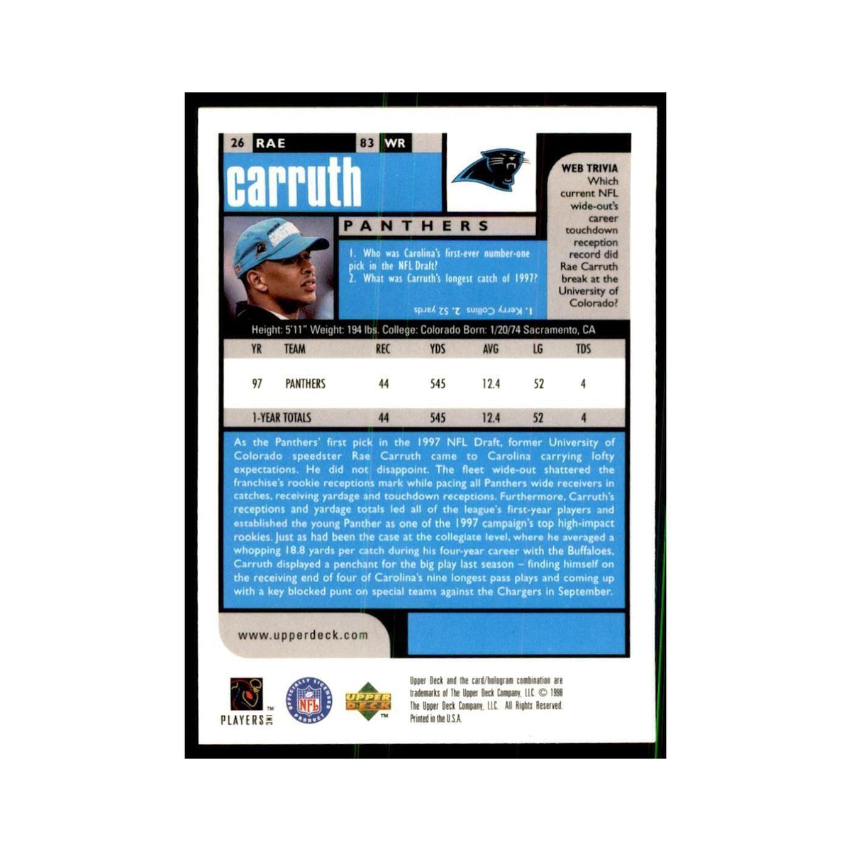 Rae Carruth 1998 UD Choice #26 Football Cards Football Card NM