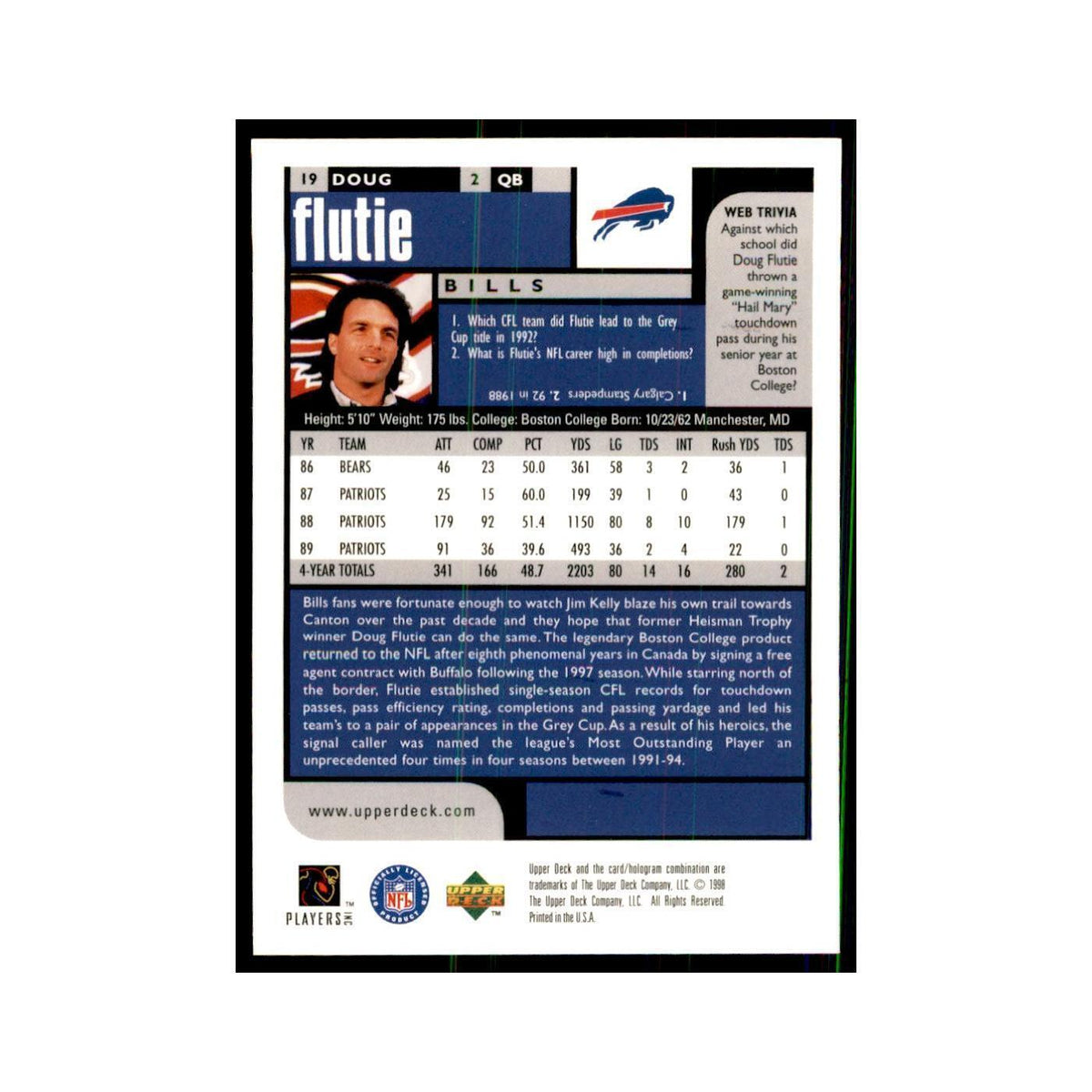 Doug Flutie 1998 UD Choice #19 Football Cards Football Card NM