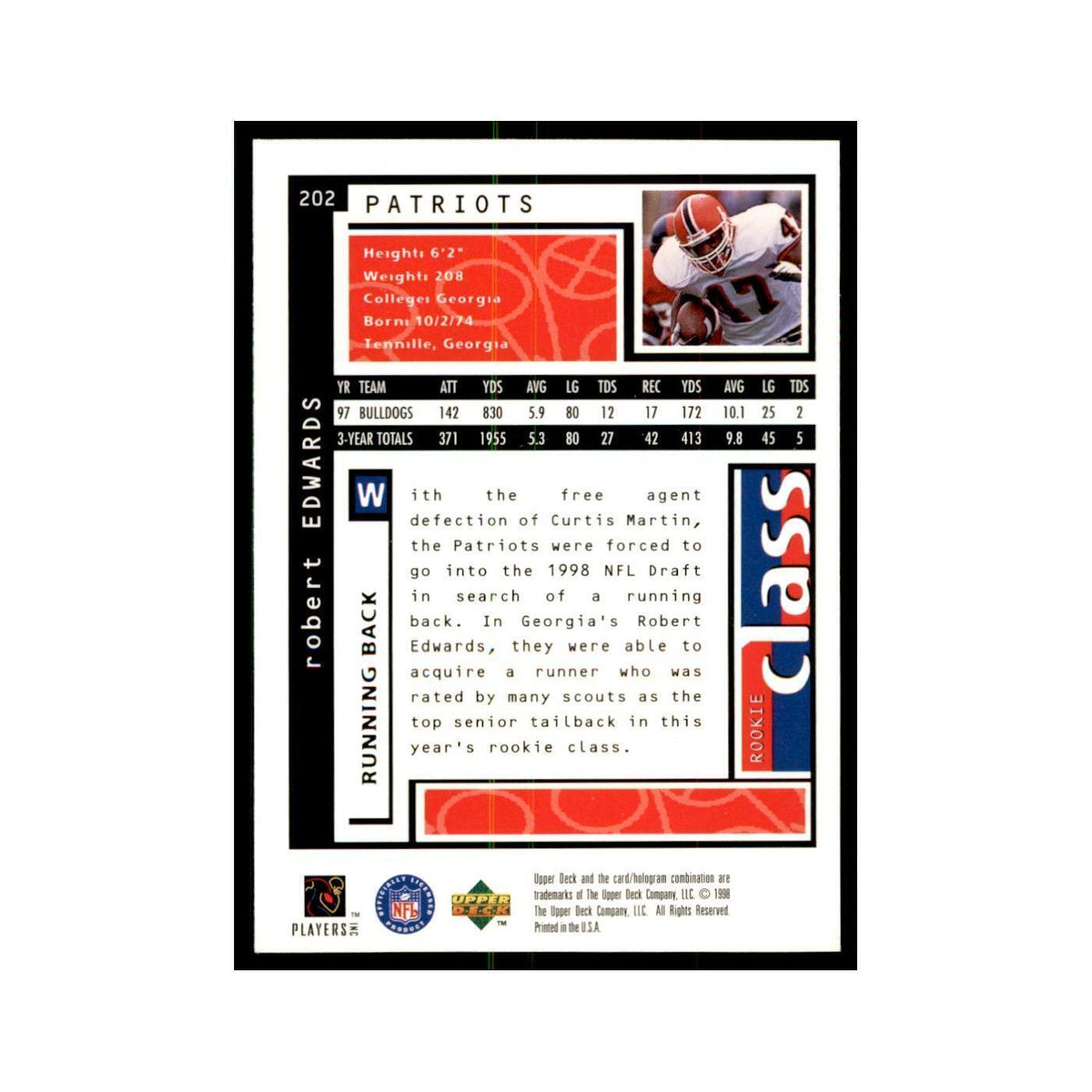 Robert Edwards Rookie 1998 UD Choice #202 Football Cards Football Card NM
