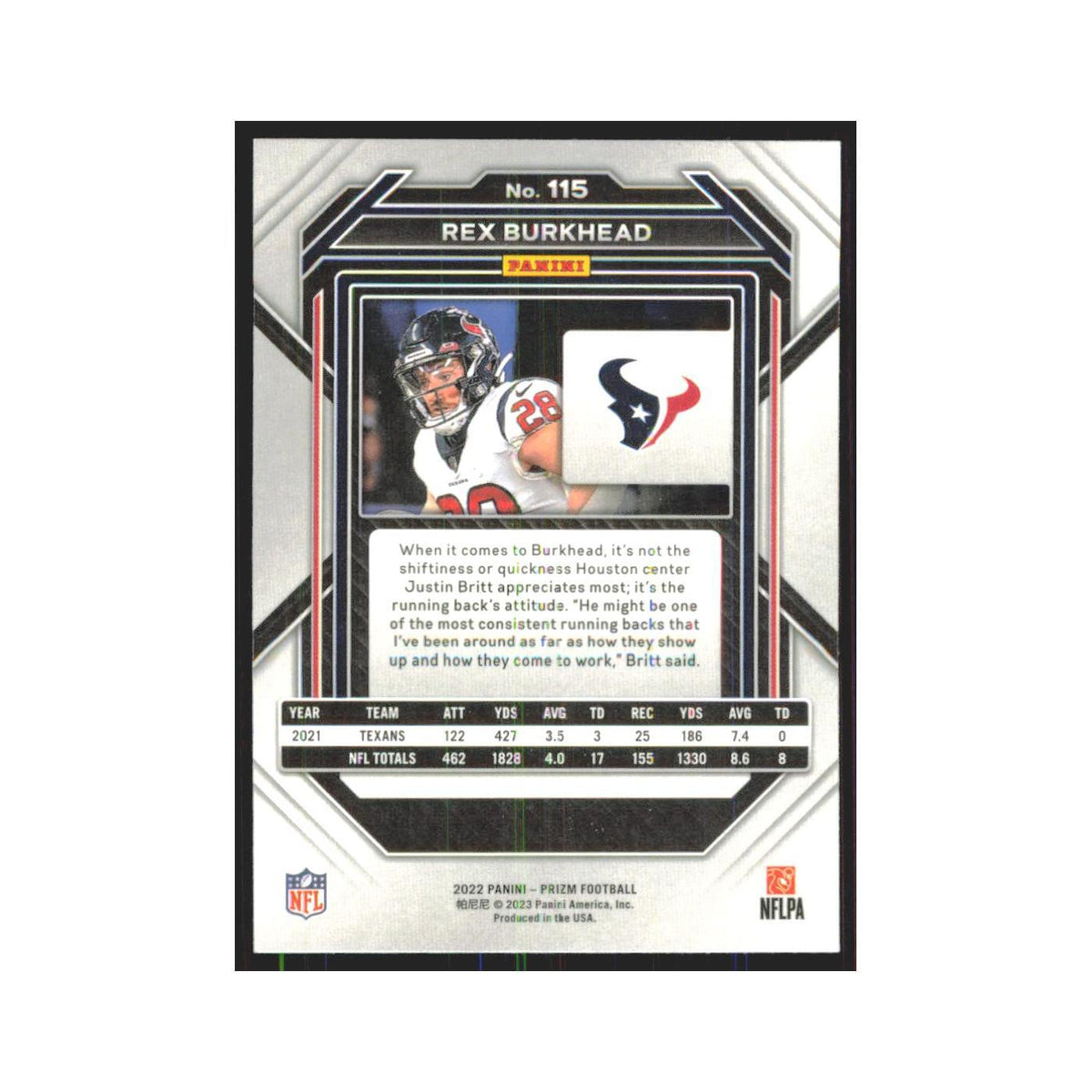 Rex Burkhead 2022 Panini Prizm #115 Houston Texans Football Card NM