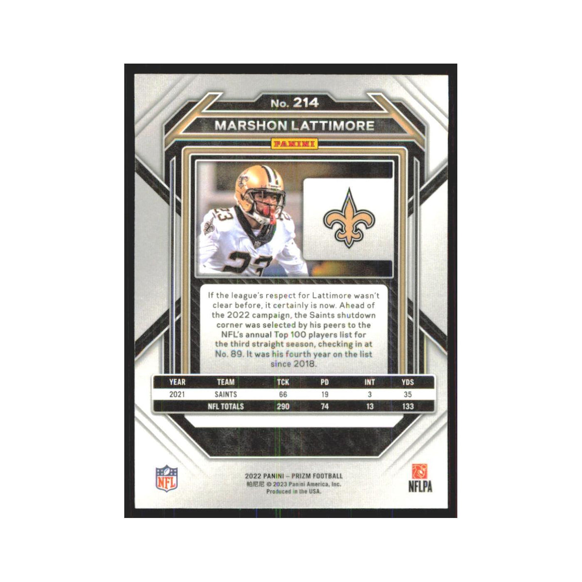 Marshon Lattimore 2022 Panini Prizm #214 New Orleans Saints Football Card NM