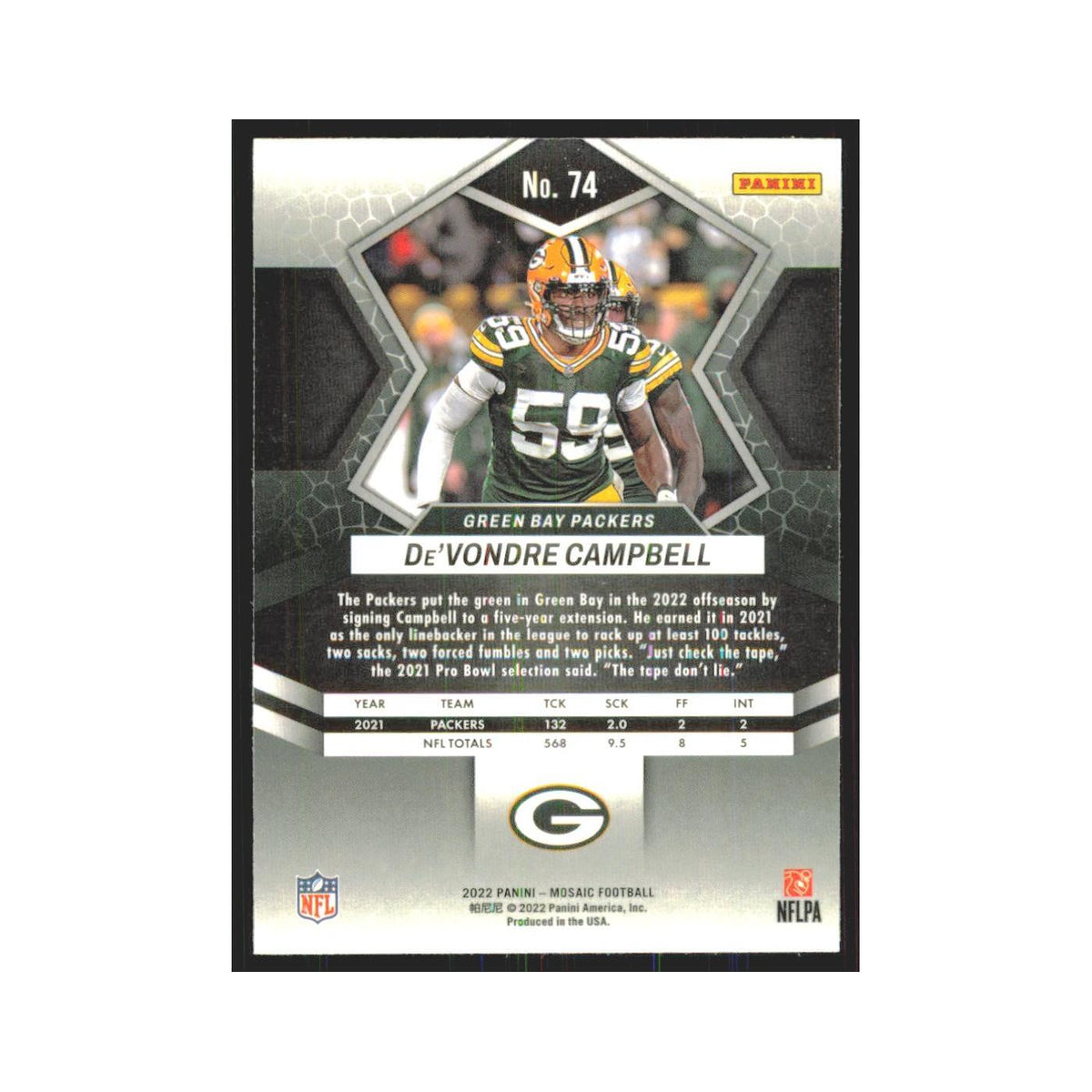 De'Vondre Campbell 2022 Panini Mosaic #74 Green Bay Packers Football Card NM