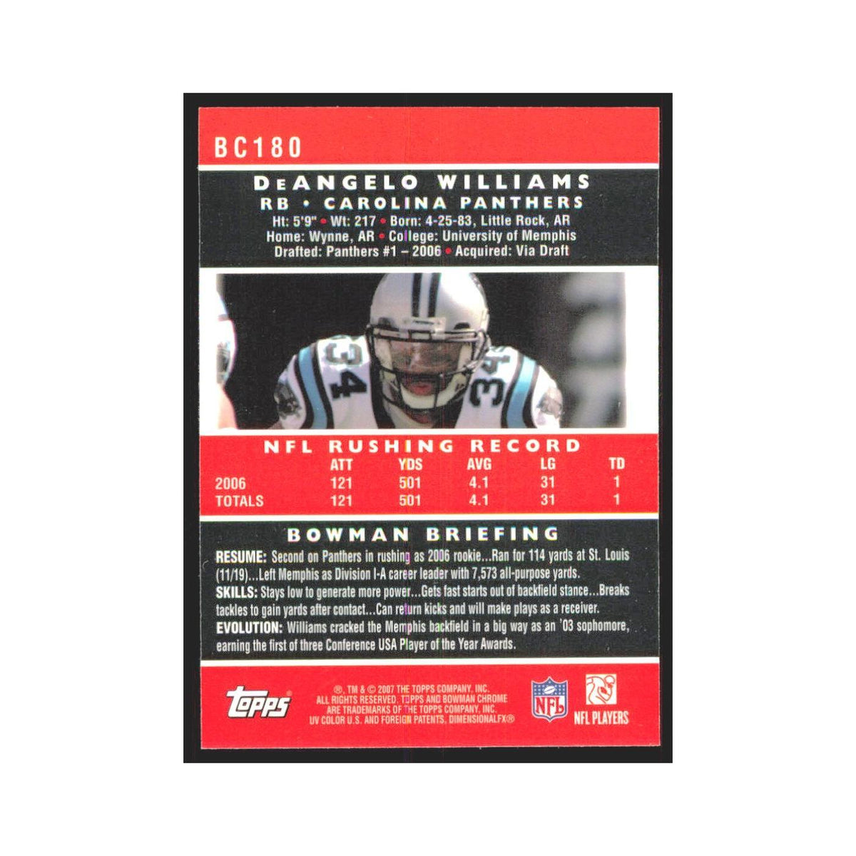 DeAngelo Williams 2007 Bowman Chrome #BC180 Carolina Panthers Football Card NM