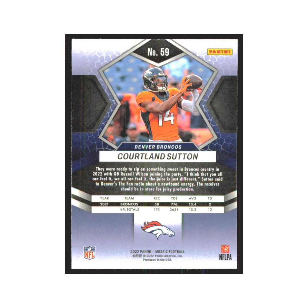 Courtland Sutton 2022 Panini Mosaic #59 Denver Broncos Football Card NM