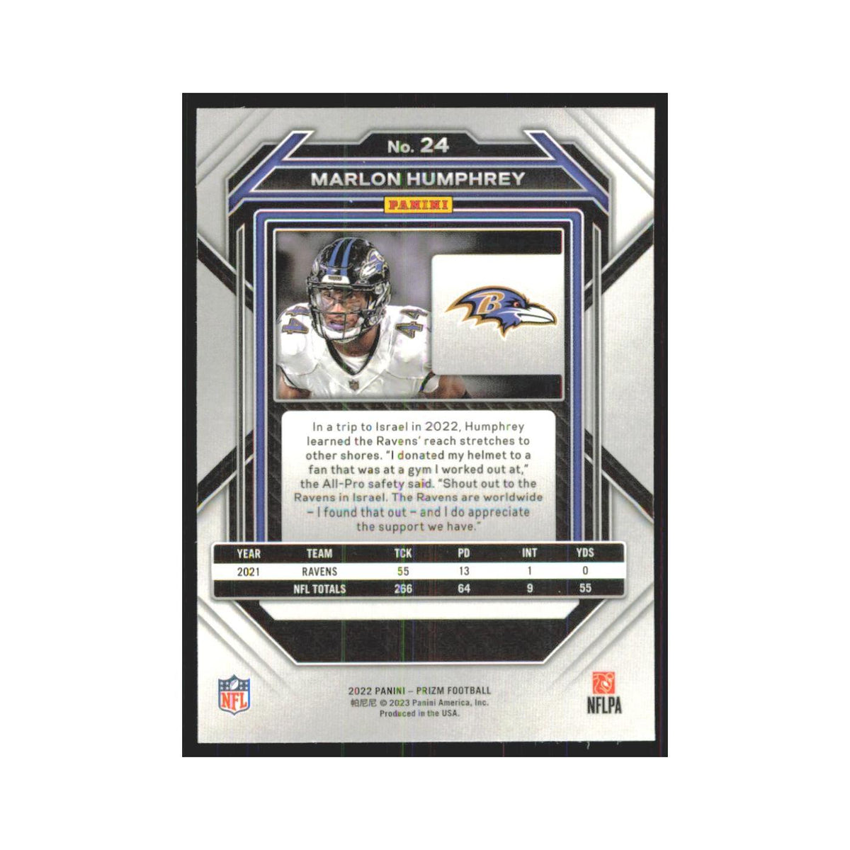 Marlon Humphrey 2022 Panini Prizm #24 Baltimore Ravens Football Card NM