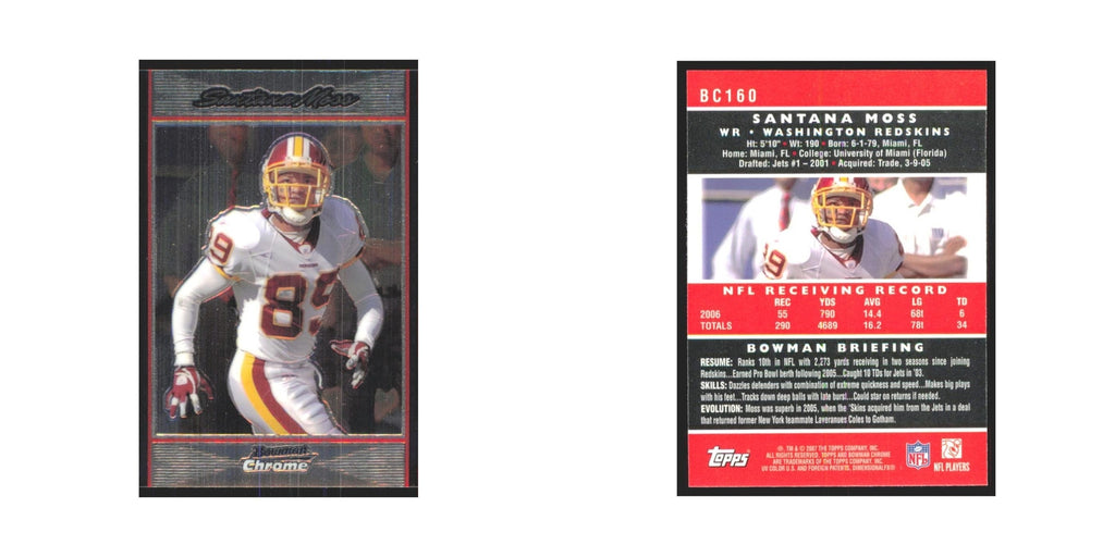 Santana Moss 2007 Bowman Chrome #BC160 Washington Redskins Football Card NM