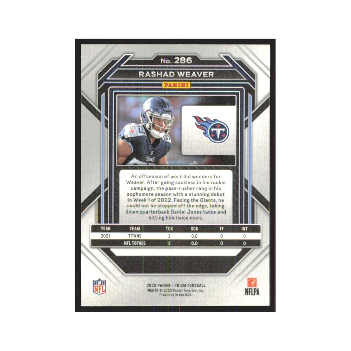 Rashad Weaver 2022 Panini Prizm #286 Tennessee Titans Football Card NM