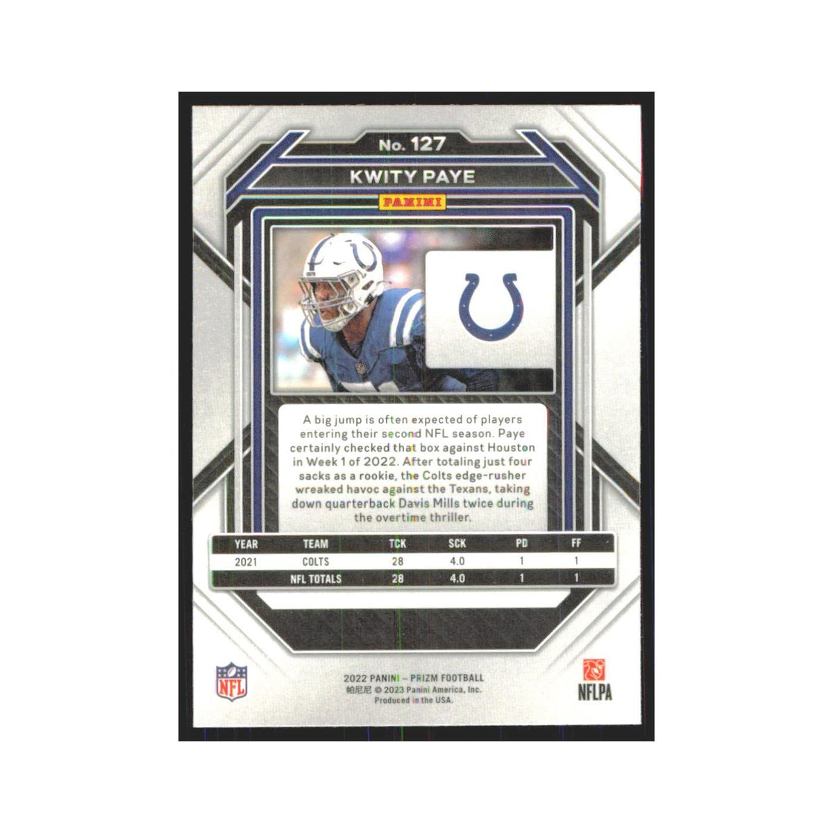 Kwity Paye 2022 Panini Prizm #127 Indianapolis Colts Football Card NM