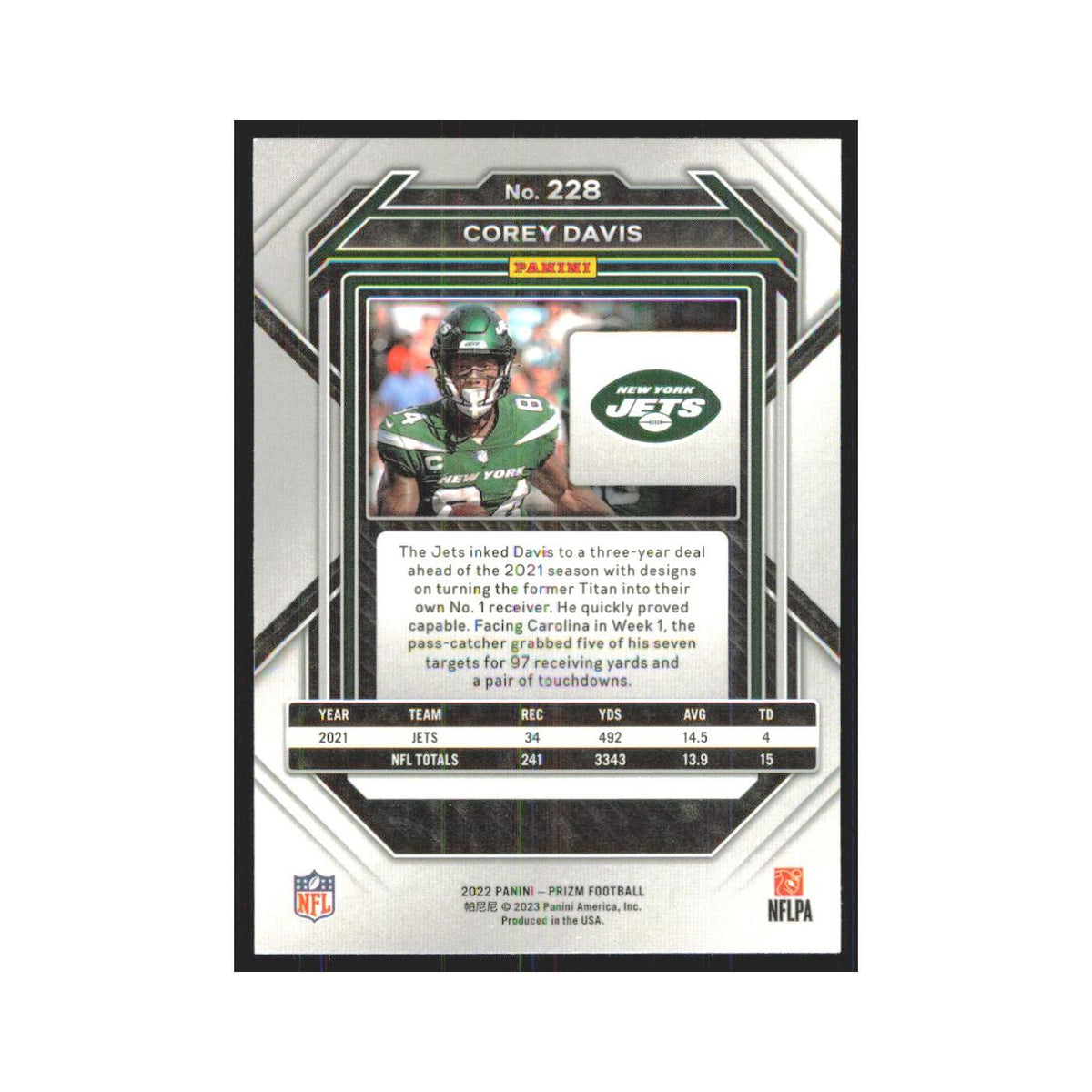 Corey Davis 2022 Panini Prizm #228 New York Jets Football Card NM
