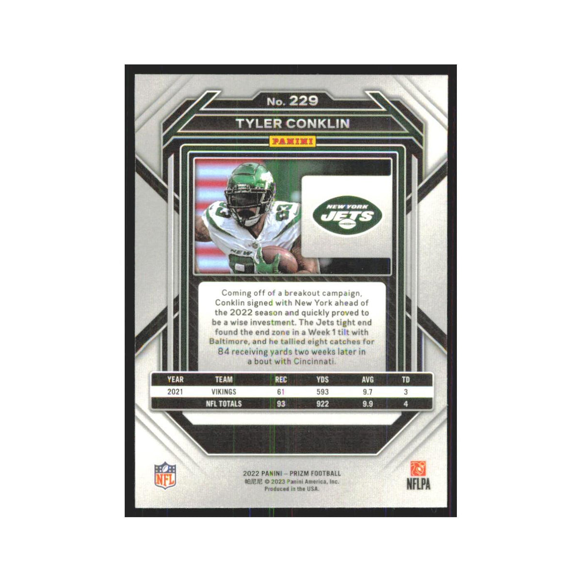 Tyler Conklin 2022 Panini Prizm #229 New York Jets Football Card NM