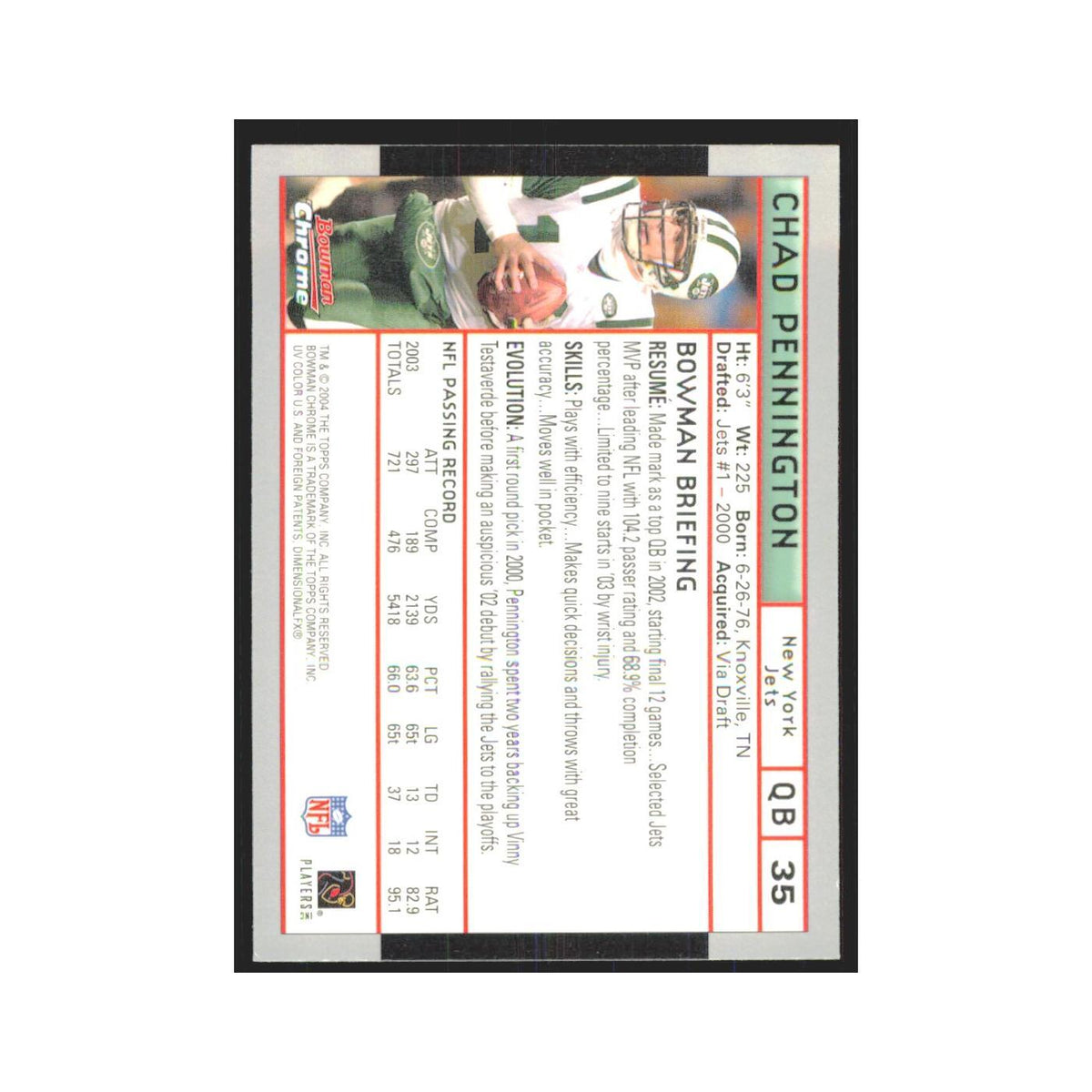 Chad Pennington 2004 Bowman Chrome #35 New York Jets Football Card NM
