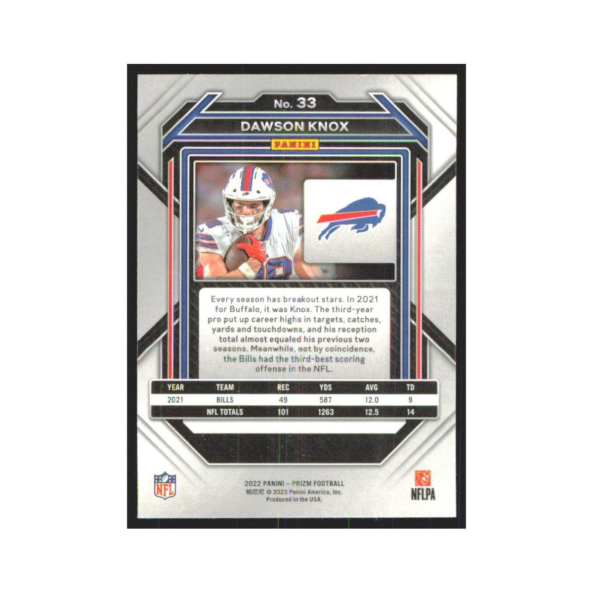 Dawson Knox 2022 Panini Prizm #33 Buffalo Bills Football Card NM