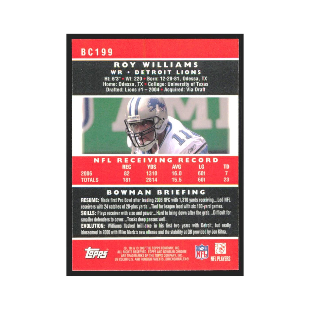 Roy Williams 2007 Bowman Chrome #BC199 Detroit Lions Football Card NM