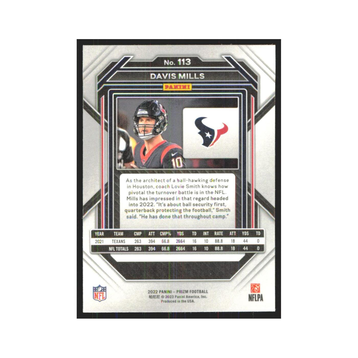 Davis Mills 2022 Panini Prizm #113 Houston Texans Football Card NM
