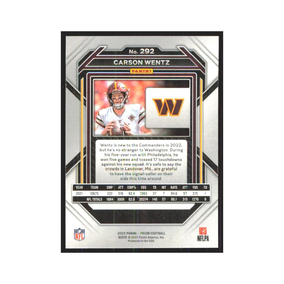 Carson Wentz 2022 Panini Prizm #292 Washington Commanders Football Card NM