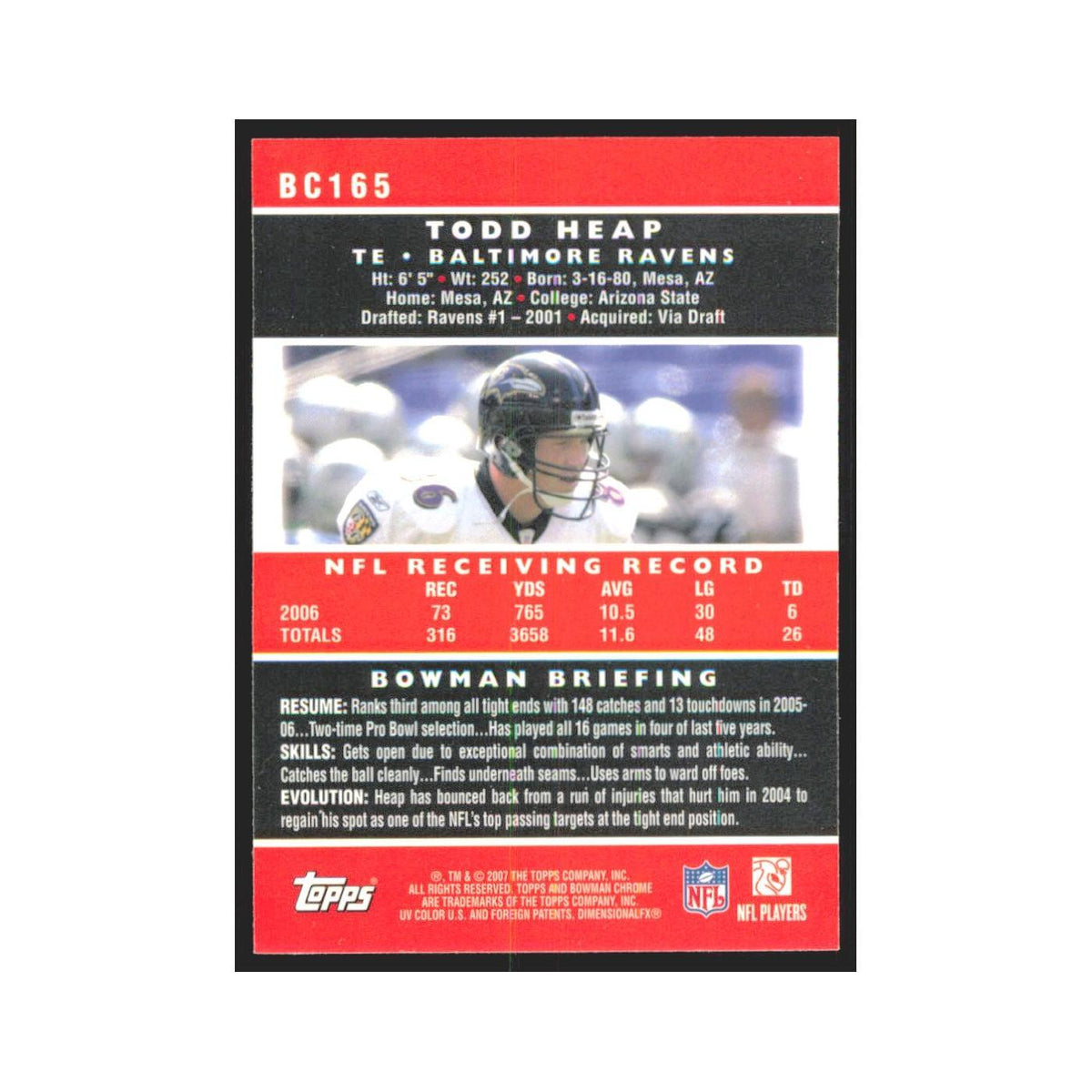 Todd Heap 2007 Bowman Chrome #BC165 Baltimore Ravens Football Card NM