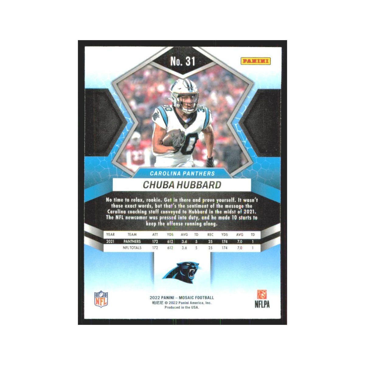 Chuba Hubbard 2022 Panini Mosaic #31 Carolina Panthers Football Card NM