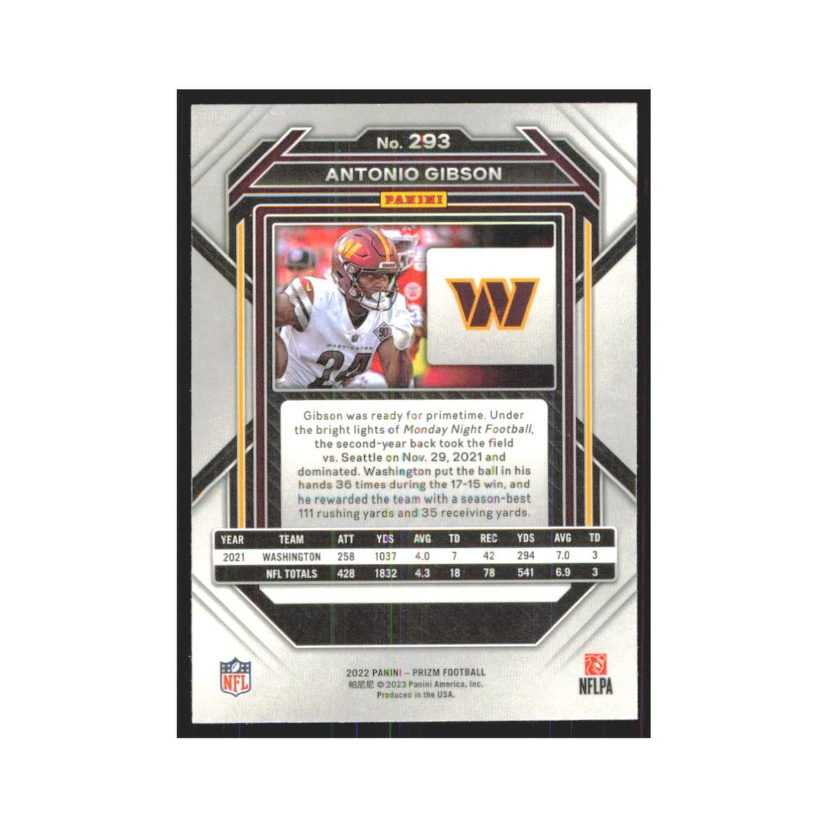 Antonio Gibson 2022 Panini Prizm #293 Washington Commanders Football Card NM