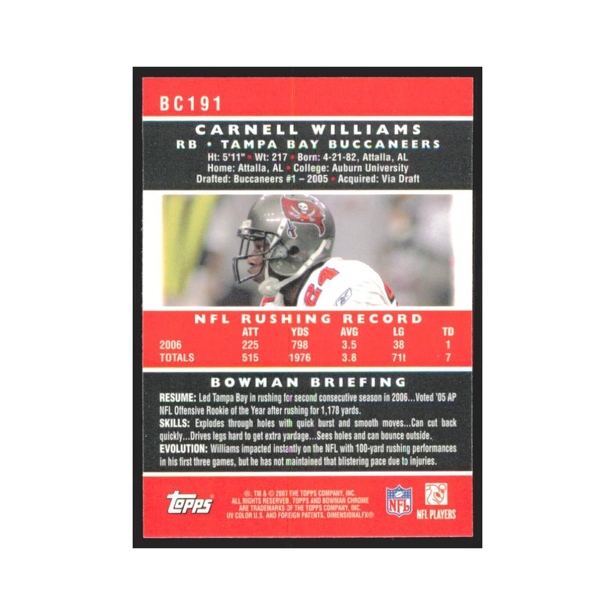 Carnell Williams 2007 Bowman Chrome #BC191 Tampa Bay Buccaneers Football Card NM