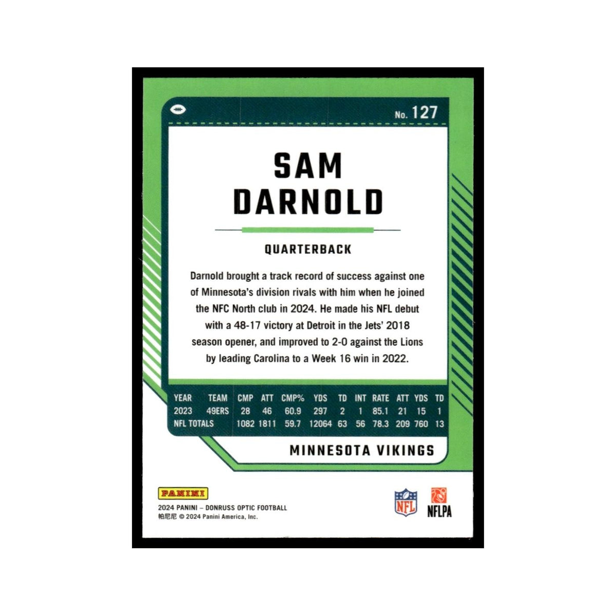 Sam Darnold 2024 Donruss Optic #127 Minnesota Vikings Football Card NM