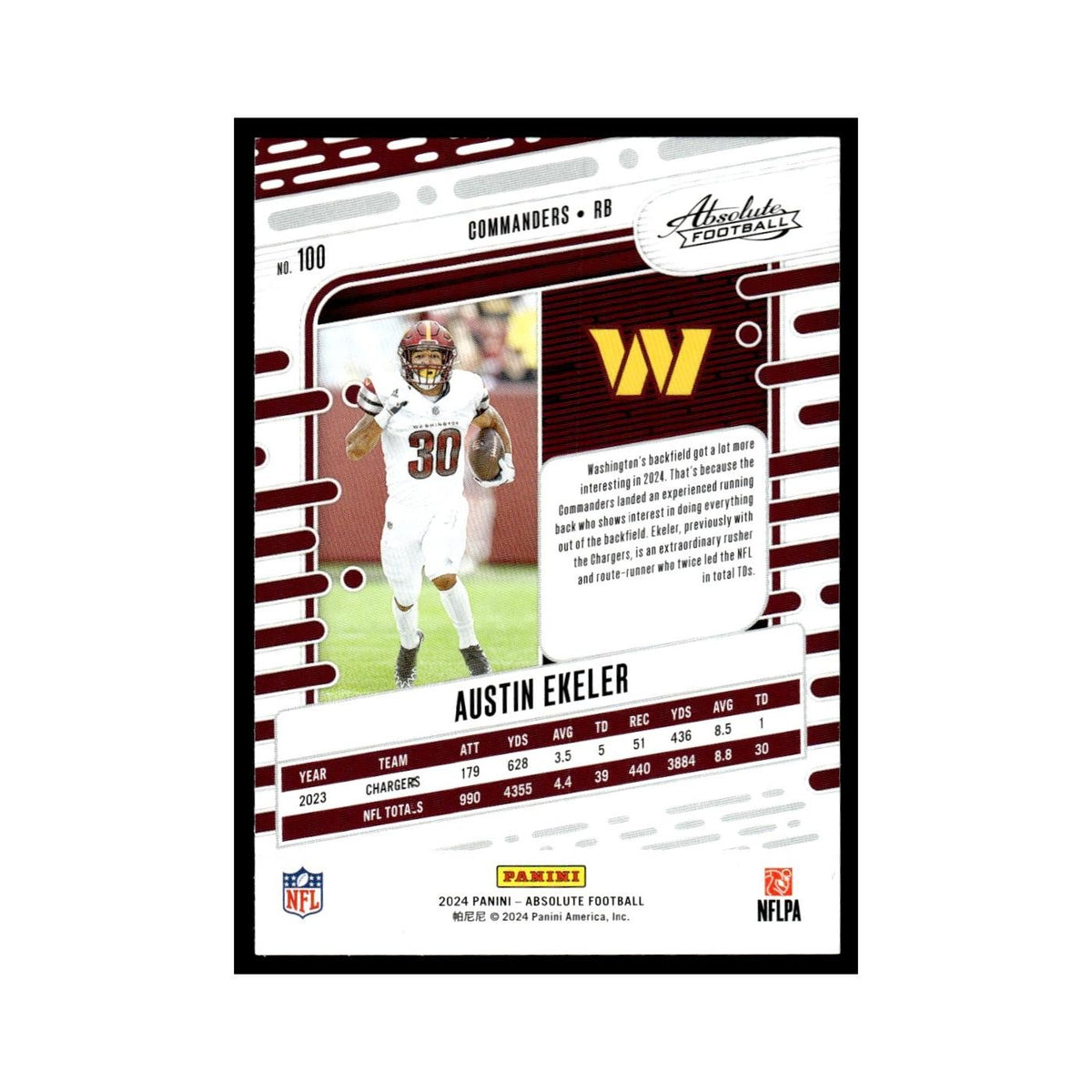 Austin Ekeler 2024 Panini Absolute #100 Washington Commanders Football Card NM