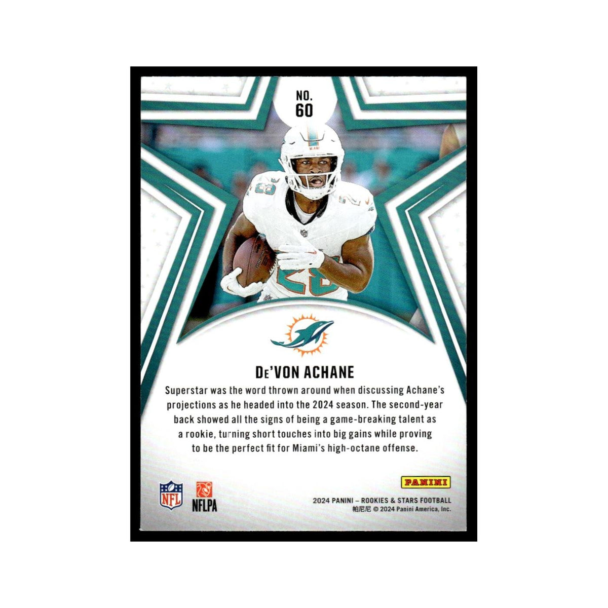 De'Von Achane 2024 Panini Rookies & Stars #60 Miami Dolphins Football Card NM